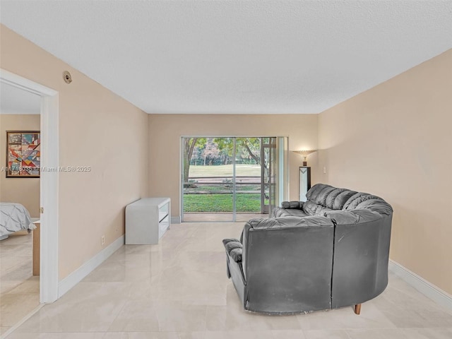 living room with a textured ceiling