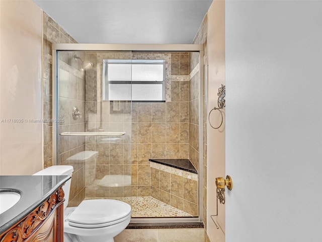 bathroom featuring toilet, an enclosed shower, and vanity