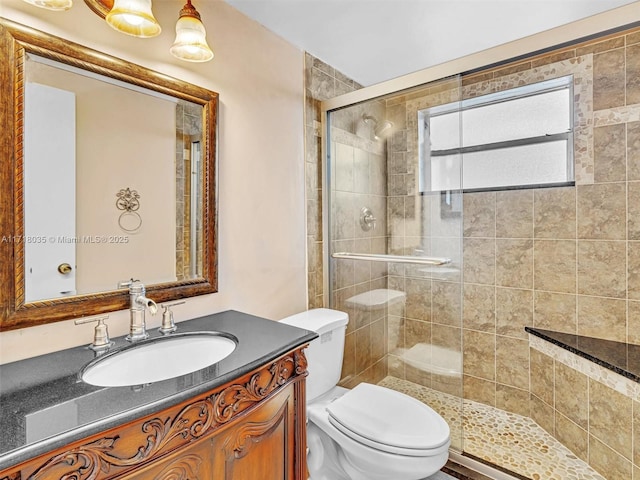 bathroom featuring an enclosed shower, vanity, and toilet