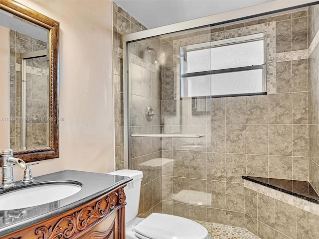 bathroom featuring walk in shower, vanity, and toilet