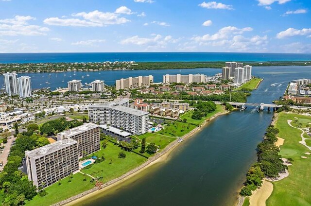 bird's eye view with a water view