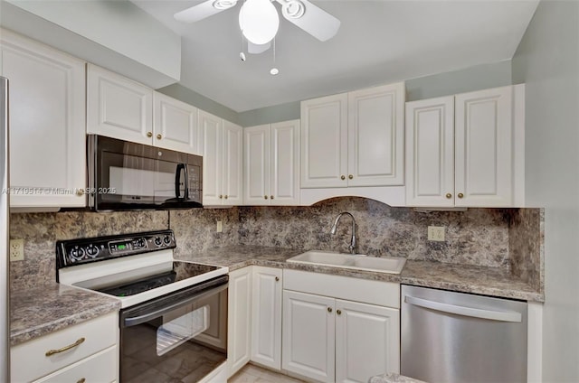 kitchen with white cabinetry, sink, backsplash, and black appliances