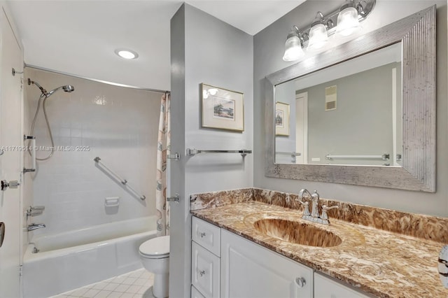 full bathroom with vanity, tile patterned flooring, toilet, and shower / bath combo with shower curtain