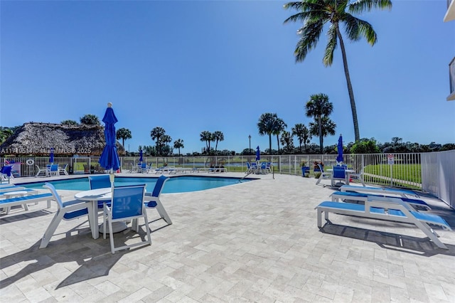 view of swimming pool with a patio