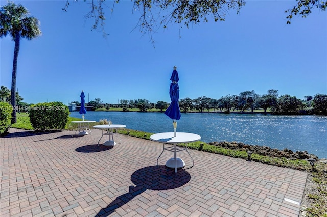 view of patio featuring a water view