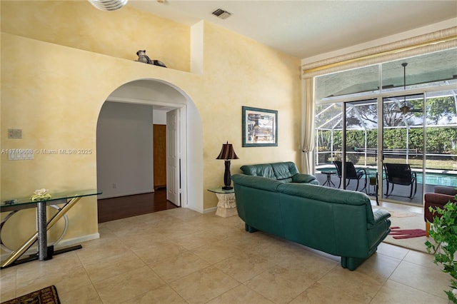 living room featuring light tile patterned flooring