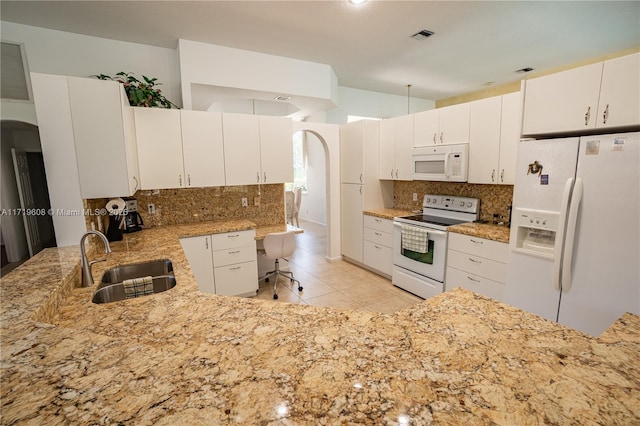 kitchen featuring kitchen peninsula, white cabinetry, sink, and white appliances