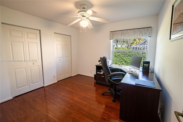 office area featuring dark hardwood / wood-style flooring and ceiling fan