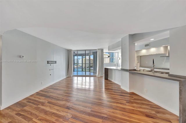 unfurnished living room featuring floor to ceiling windows, sink, and hardwood / wood-style flooring