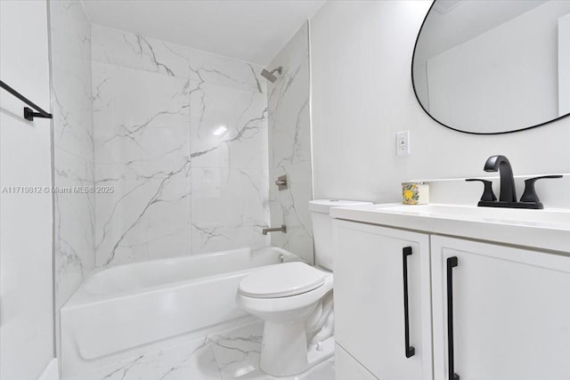 bathroom with marble finish floor, toilet, vanity, and washtub / shower combination