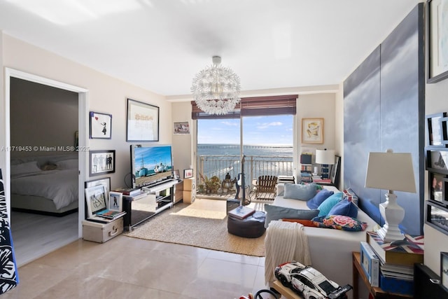 living room featuring an inviting chandelier