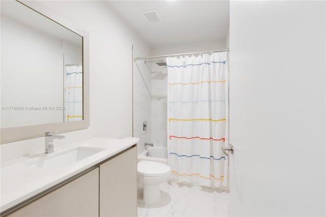 full bathroom featuring shower / bath combo, toilet, and vanity