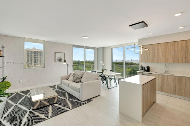 living room with floor to ceiling windows and sink