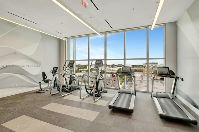 gym with floor to ceiling windows and carpet