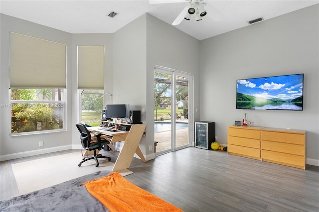 home office featuring ceiling fan and hardwood / wood-style floors