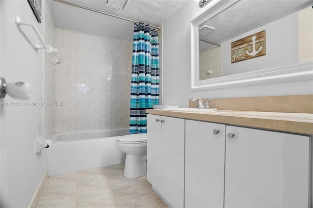 full bathroom featuring tile patterned floors, shower / bath combination with curtain, toilet, and vanity