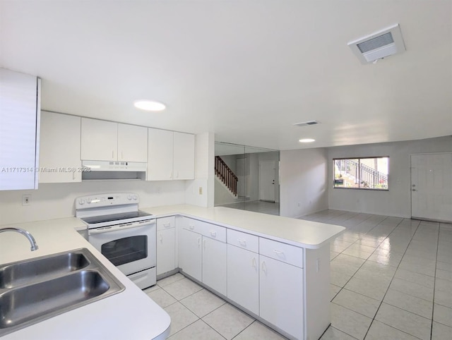 kitchen featuring white electric range, sink, kitchen peninsula, light tile patterned floors, and white cabinetry