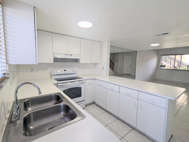 kitchen featuring white cabinetry, kitchen peninsula, sink, and electric stove