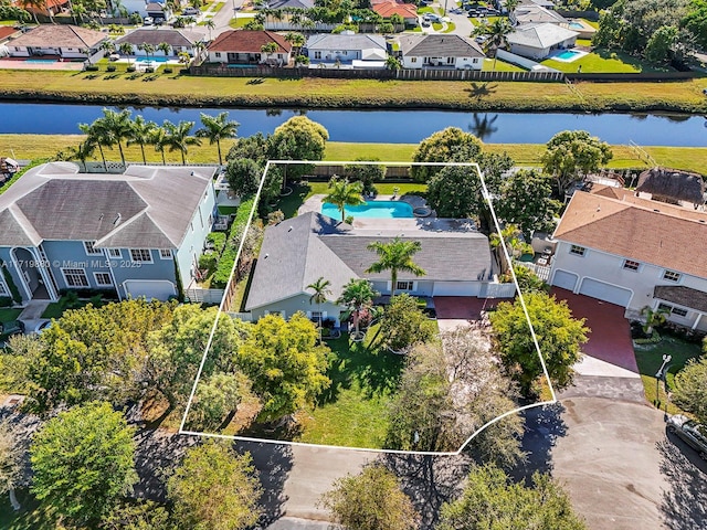 drone / aerial view featuring a water view