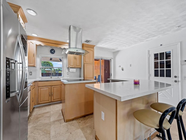 kitchen with light brown cabinetry, stainless steel fridge with ice dispenser, a center island, and island exhaust hood