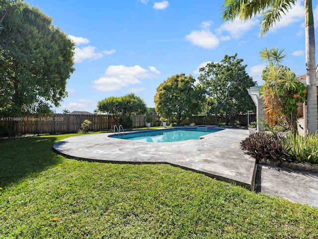 view of swimming pool featuring a patio area and a lawn