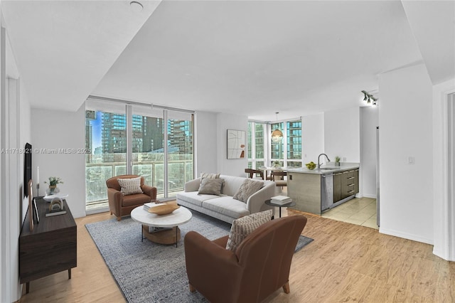 living room with floor to ceiling windows, sink, light hardwood / wood-style floors, and a baseboard heating unit