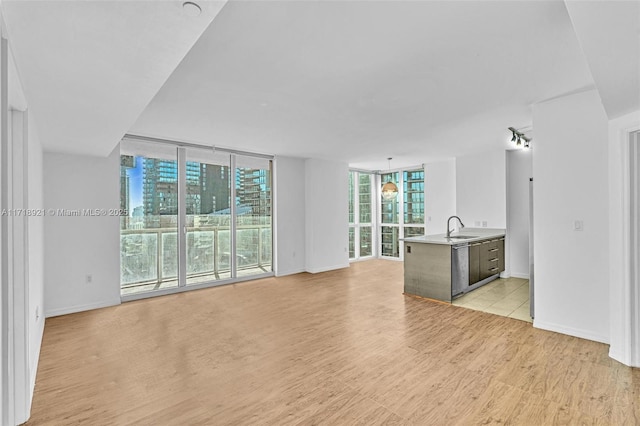 unfurnished living room with expansive windows, light hardwood / wood-style floors, and sink