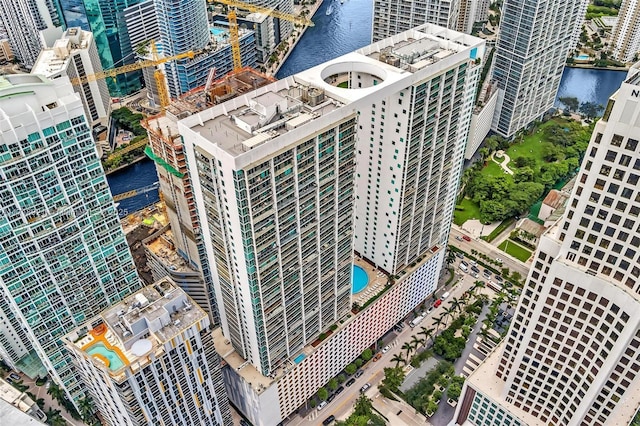 birds eye view of property featuring a water view