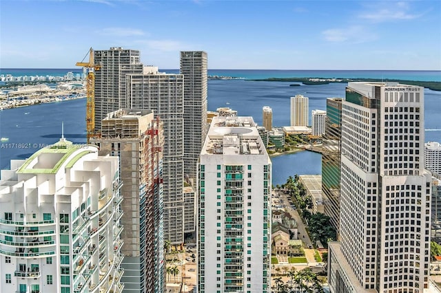 drone / aerial view featuring a water view