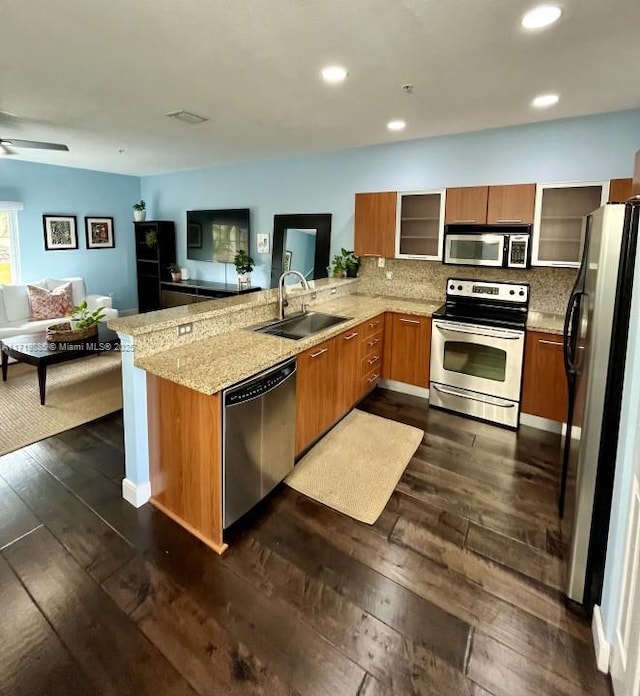 kitchen with dark wood-type flooring, sink, decorative backsplash, appliances with stainless steel finishes, and kitchen peninsula