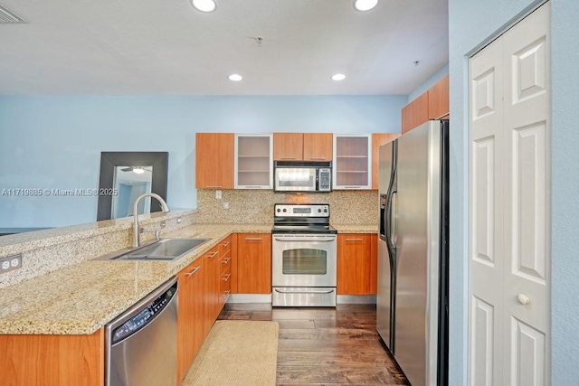 kitchen featuring kitchen peninsula, appliances with stainless steel finishes, dark hardwood / wood-style flooring, tasteful backsplash, and sink