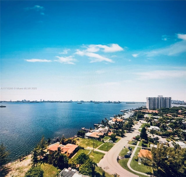 drone / aerial view featuring a water view