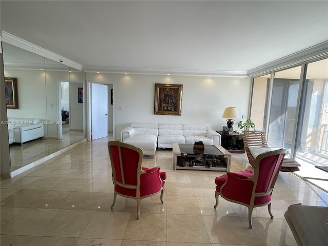 living room with a wealth of natural light, crown molding, expansive windows, and light tile patterned floors