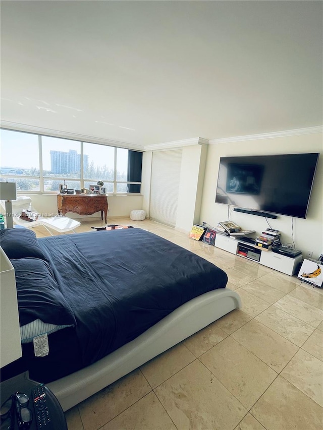 tiled bedroom featuring crown molding