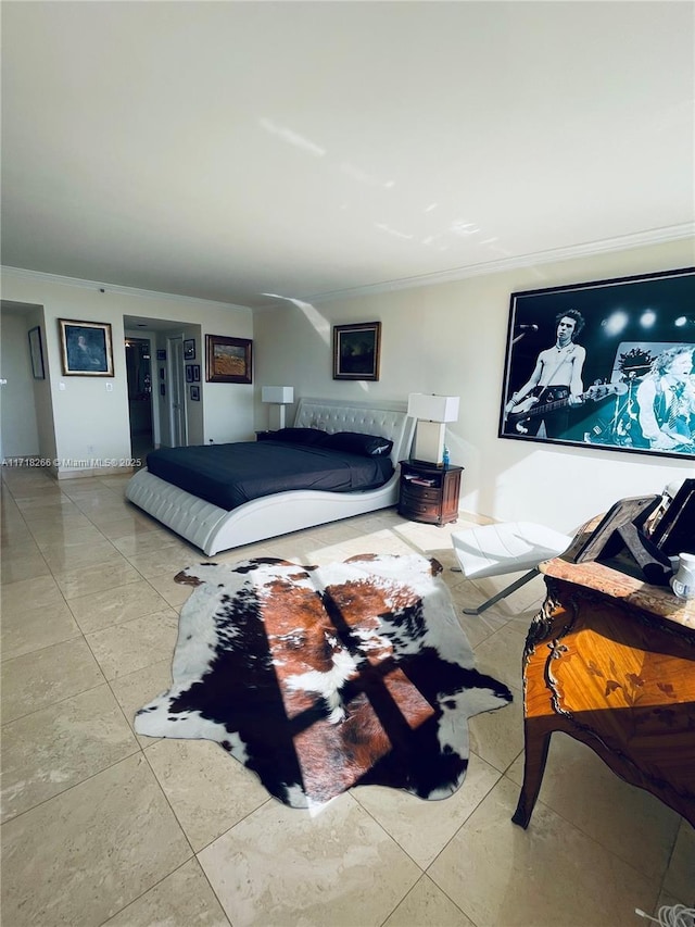 bedroom featuring light tile patterned flooring and ornamental molding