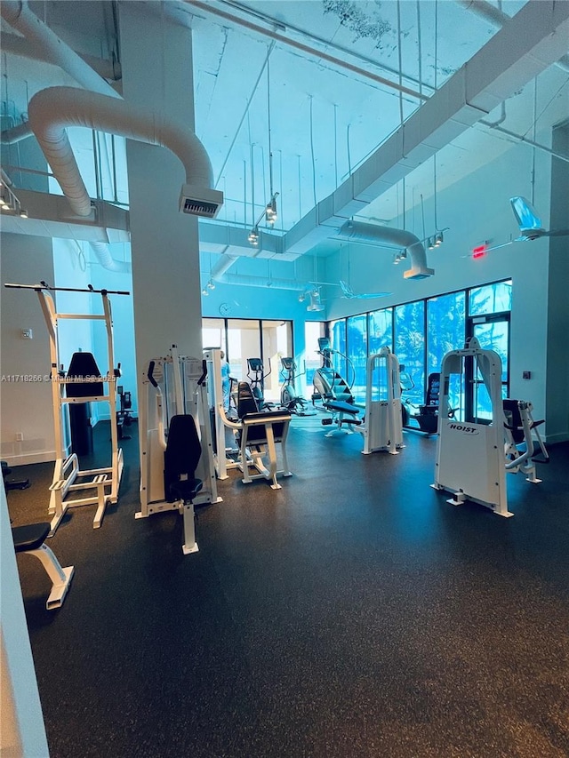 gym featuring a towering ceiling