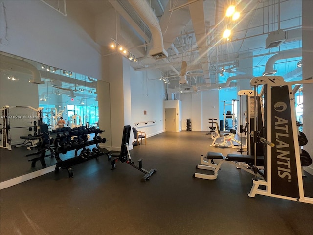 exercise room with a towering ceiling