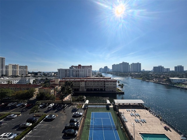 birds eye view of property featuring a water view