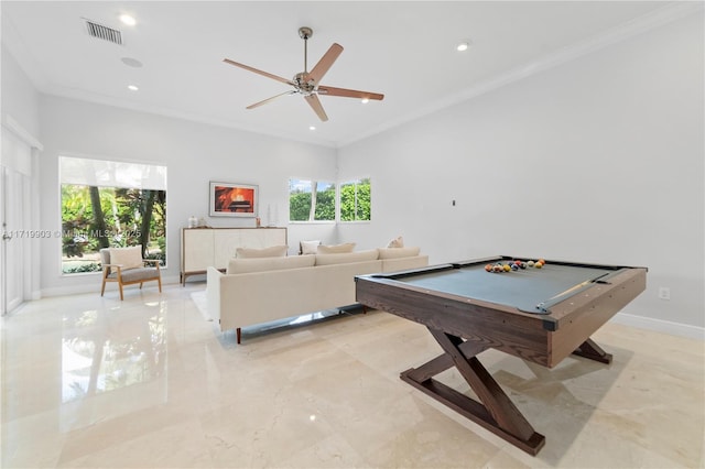 game room featuring ceiling fan, billiards, and ornamental molding