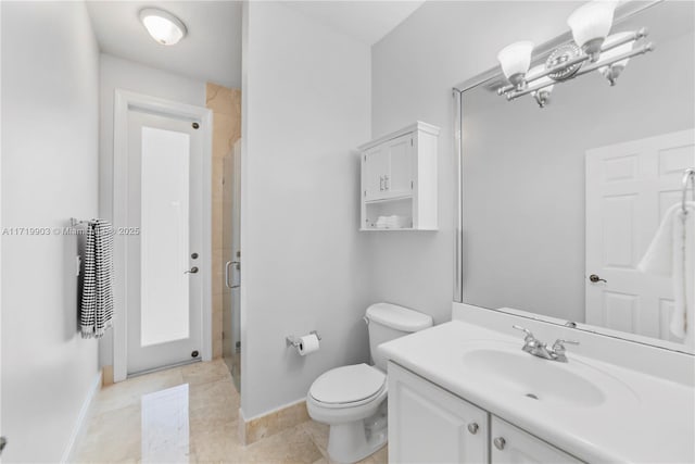 bathroom featuring vanity, toilet, a shower with door, and tile patterned flooring