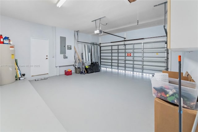 garage with electric panel, gas water heater, and a garage door opener