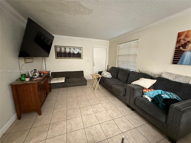 living room with crown molding, light tile patterned floors, and a textured ceiling