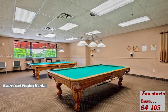 recreation room featuring a drop ceiling, carpet floors, and pool table