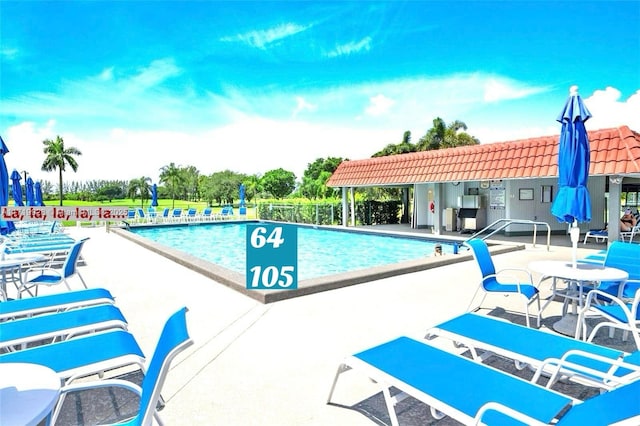 view of swimming pool with a patio area