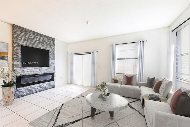 tiled living room featuring a large fireplace