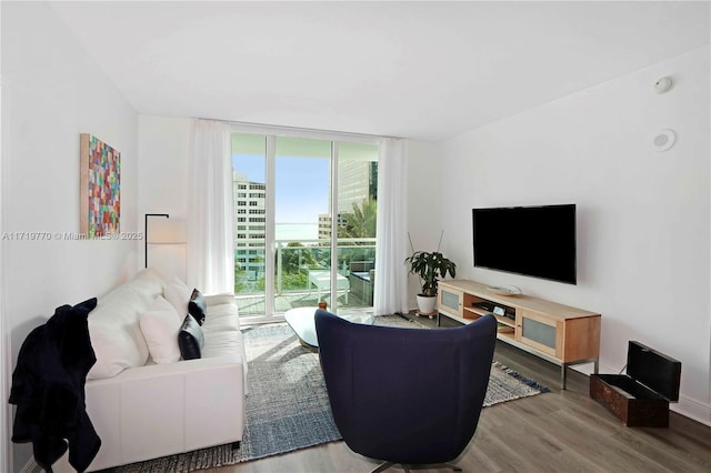 living room featuring floor to ceiling windows and hardwood / wood-style flooring