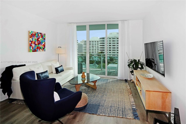 living room featuring dark hardwood / wood-style floors, floor to ceiling windows, and a healthy amount of sunlight