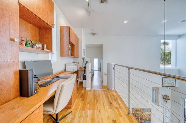 kitchen with light hardwood / wood-style flooring, a wealth of natural light, and track lighting