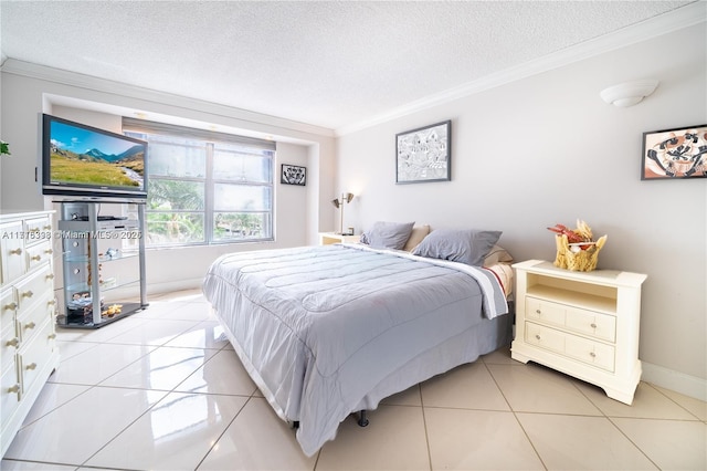 tiled bedroom with a textured ceiling and ornamental molding