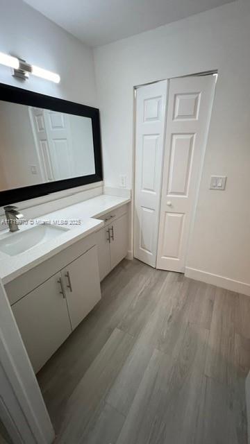 bathroom with hardwood / wood-style flooring and vanity